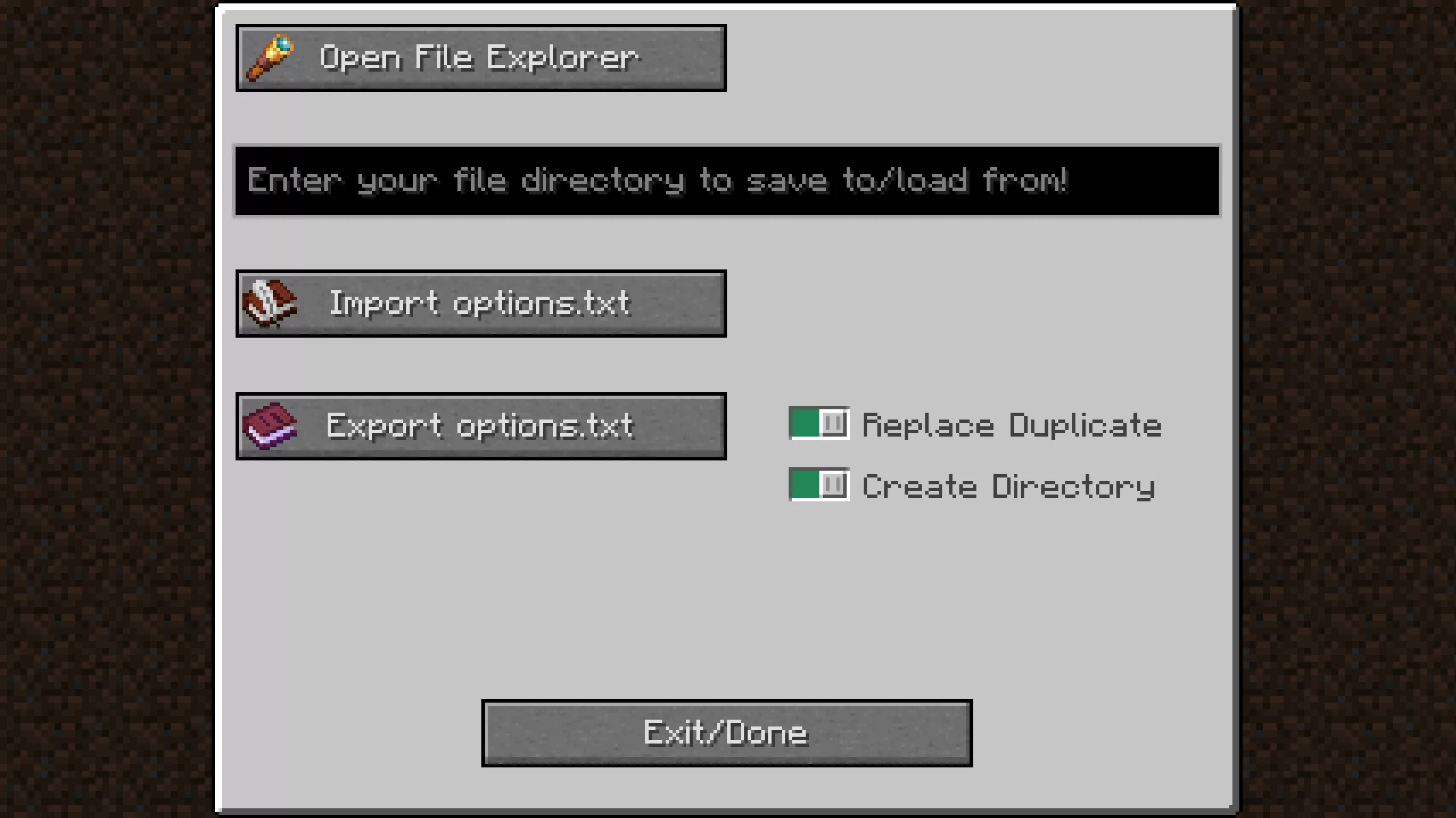 Image showing a Minecraft menu with a prominent gray box, filled with buttons, sliders, and text fields, featuring small icons of Minecraft items.