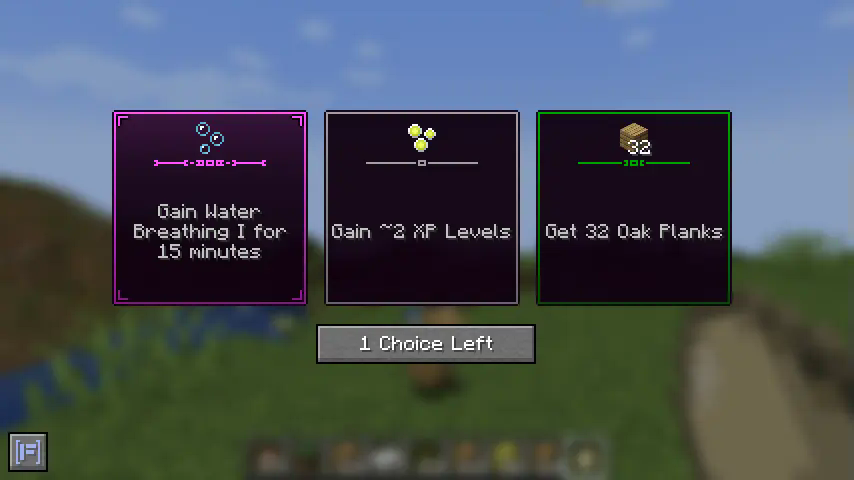 Loot choice GUI displaying three options: gain 15 minutes of water breathing, earn approximately 2 XP levels, or receive 32 oak planks.