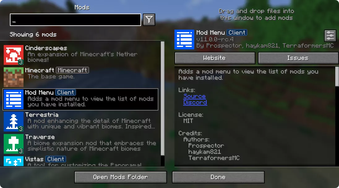 Screenshot of the Mods screen, showing a list of a few mods on the left side below a search bar and filters button, where Mod Menu is selected. On the right side of the screen, it shows more details about the mod, such as authors, a description, links, credits, and a button to configure the mod.