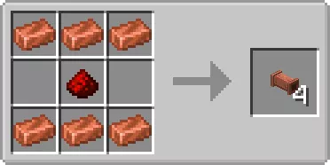 Crafting recipe of the copper pipe, featuring three copper ingots on the top, three copper ingots on the bottom, and one redstone dust in the middle.