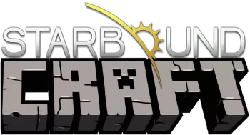 A logo image combining the logo from the game Starbound with the one from the game Minecraft, making the two logos spell out Starboundcraft